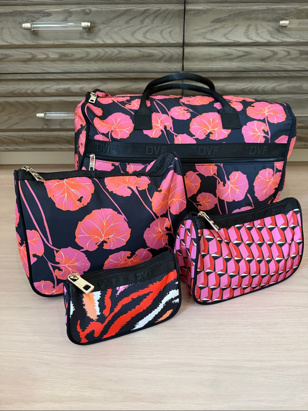 Diane Von Furstenberg Black Travel Bag Set with Pink Floral Print
